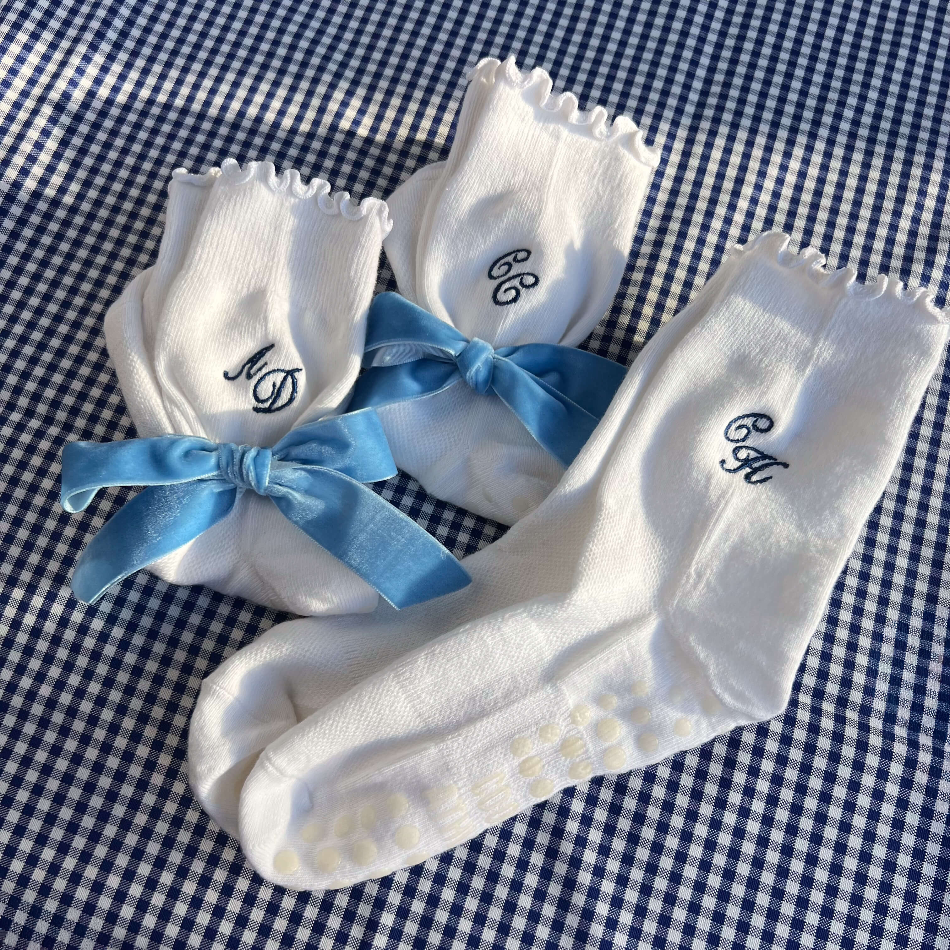 Embroidered Monogram Grip Socks