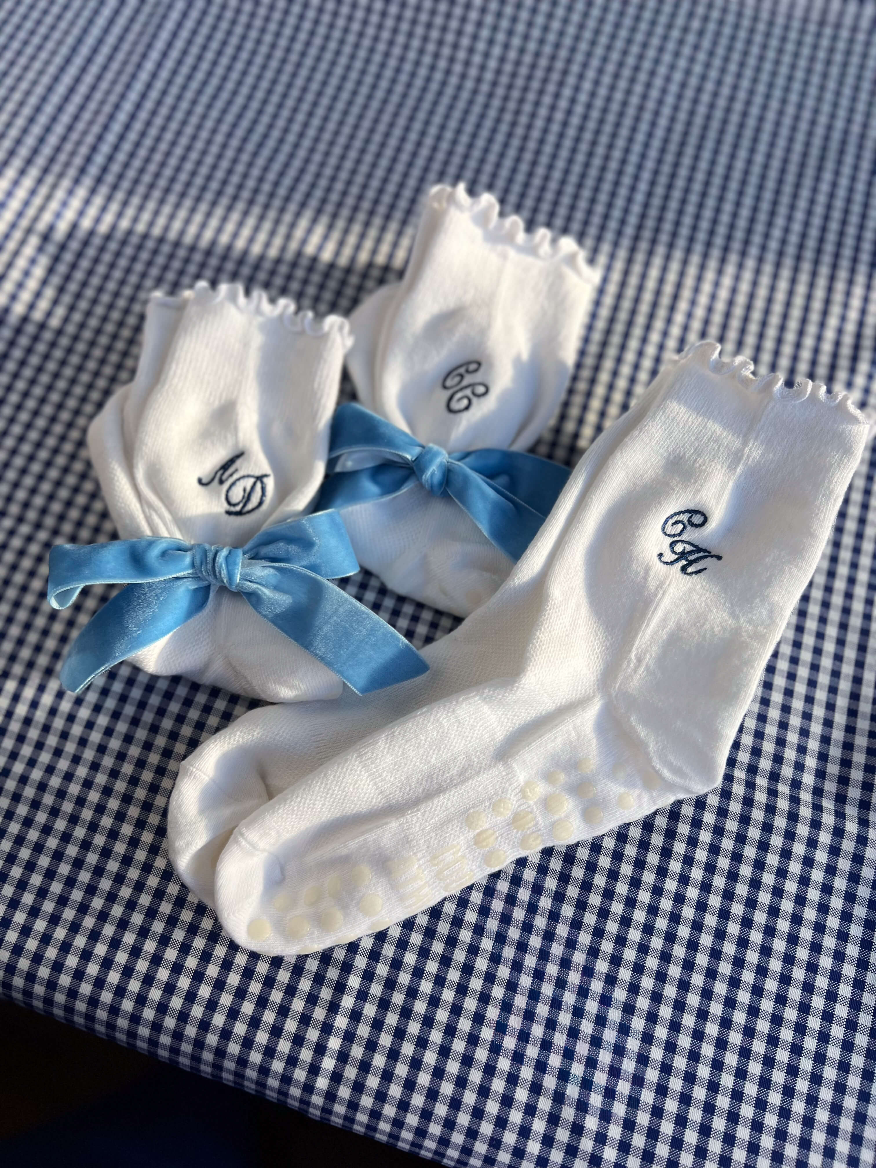 Embroidered Monogram Grip Socks