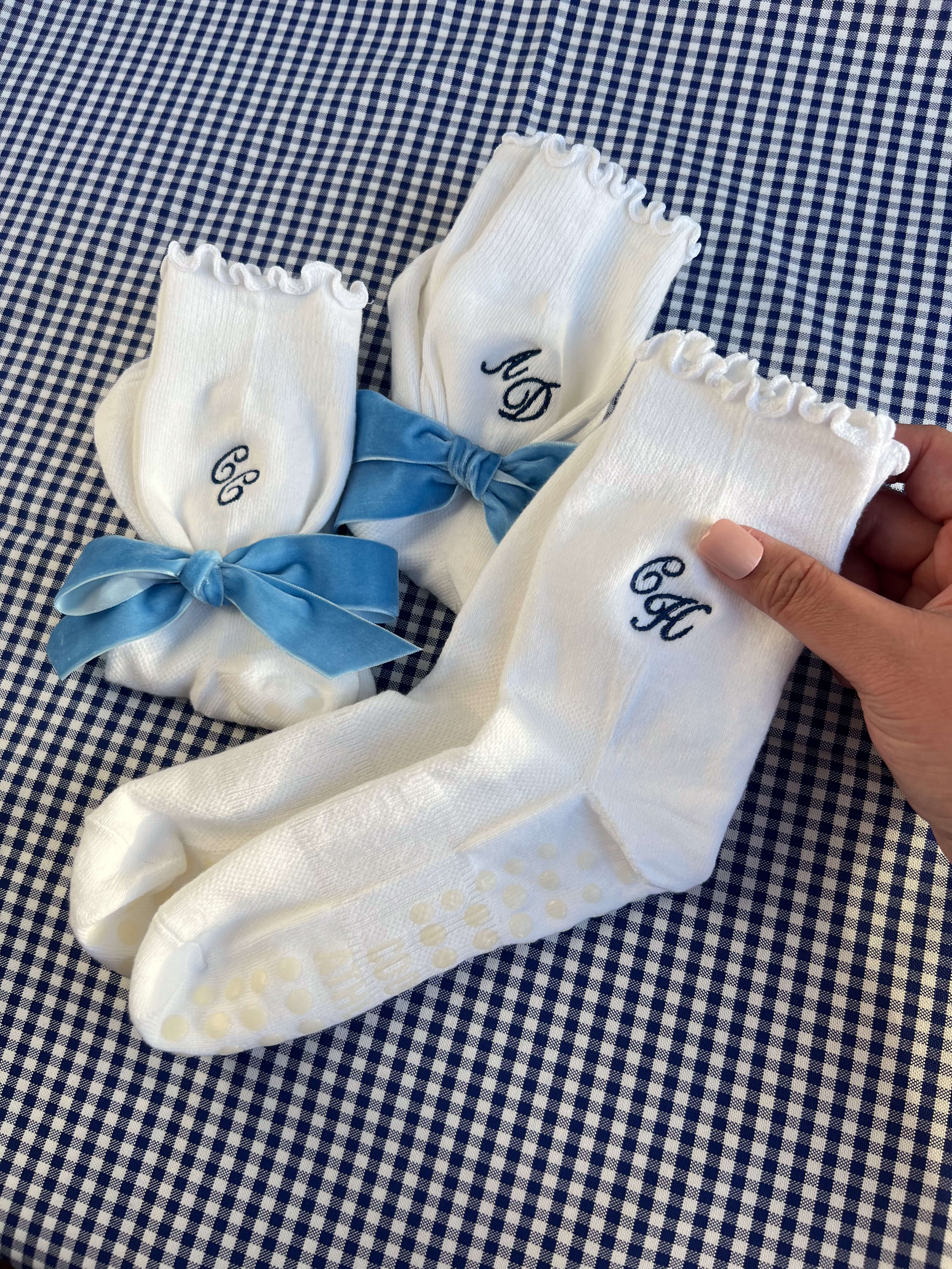Embroidered Monogram Grip Socks
