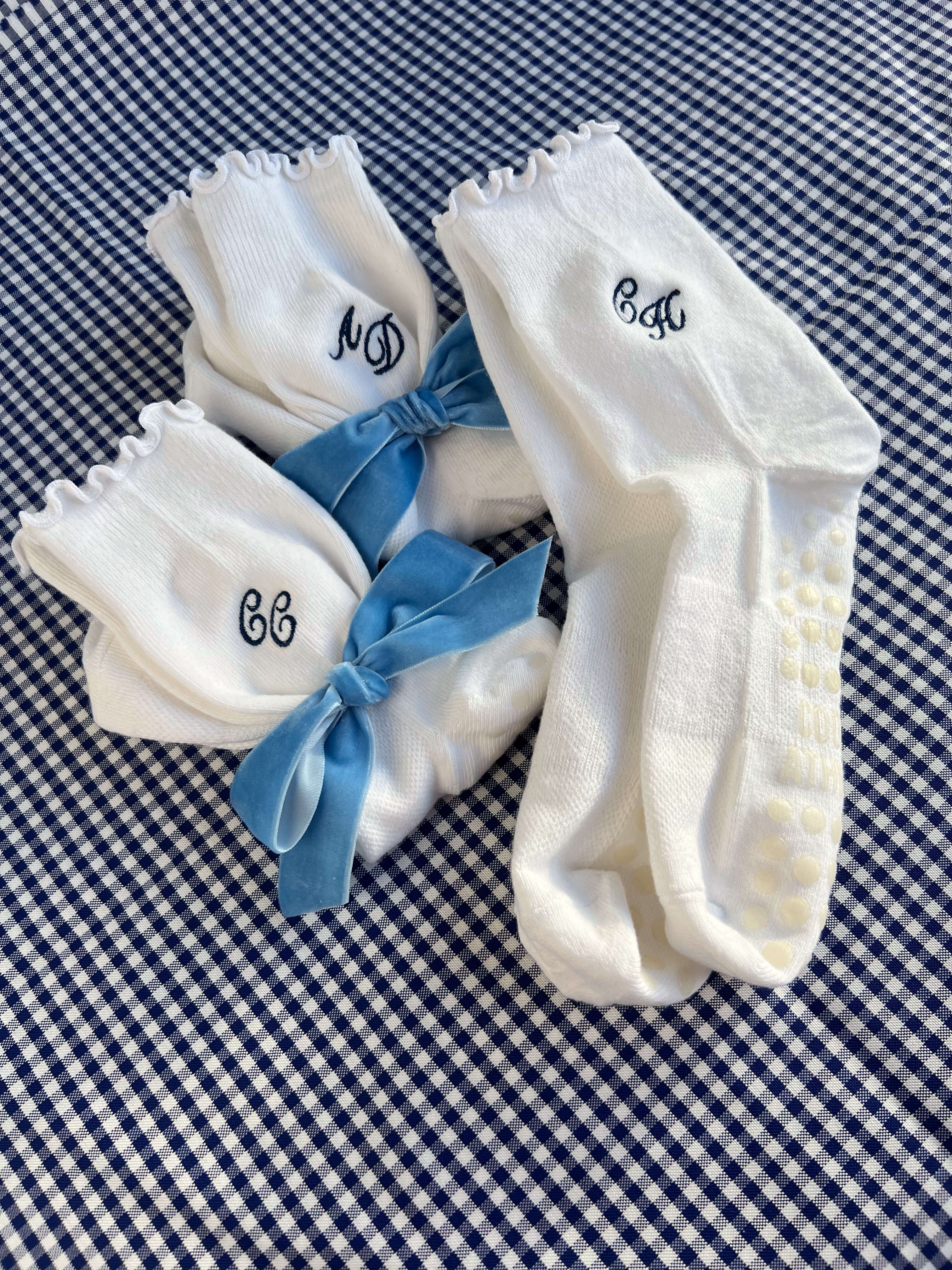 Embroidered Monogram Grip Socks